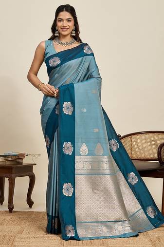blue art silk woven kanjivaram silk saree with blouses