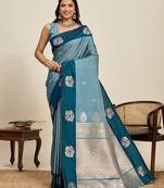 blue art silk woven kanjivaram silk saree with blouses