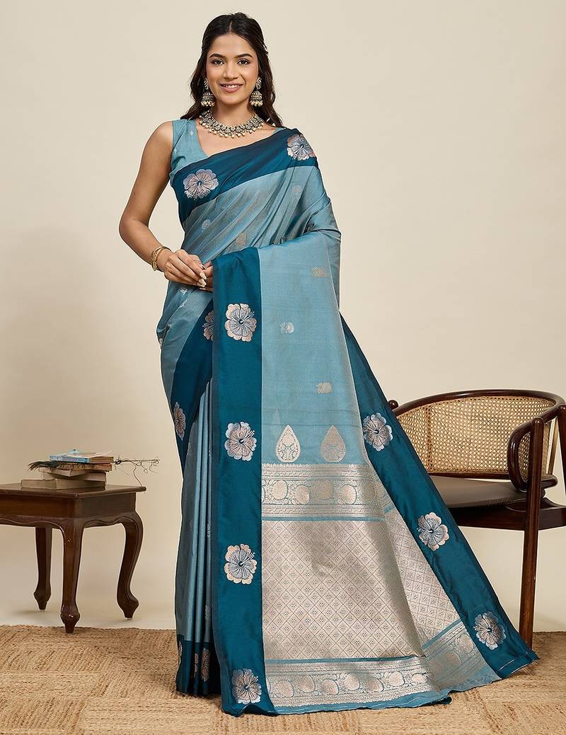 blue art silk woven kanjivaram silk saree with blouses