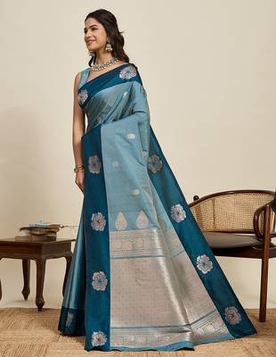 blue art silk woven kanjivaram silk saree with blouses 2