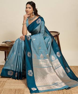blue art silk woven kanjivaram silk saree with blouses 4