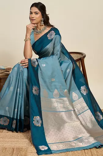 blue art silk woven kanjivaram silk saree with blouses