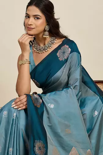 blue art silk woven kanjivaram silk saree with blouses