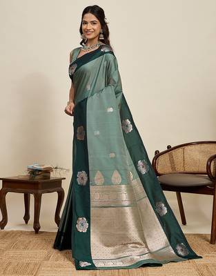 green art silk woven kanjivaram silk saree with blouses 2