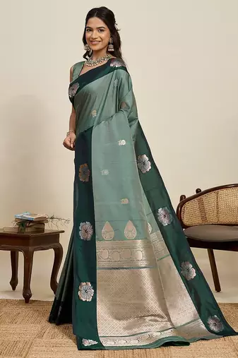 green art silk woven kanjivaram silk saree with blouses