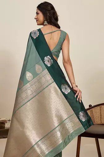 green art silk woven kanjivaram silk saree with blouses
