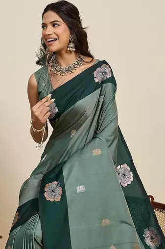 green art silk woven kanjivaram silk saree with blouses