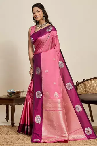 pink art silk woven kanjivaram silk saree with blouses