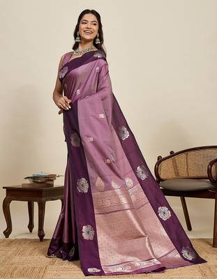 purple art silk woven kanjivaram silk saree with blouses 2