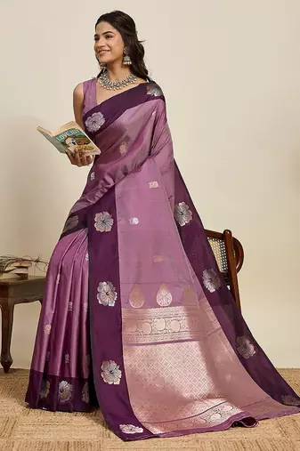 purple art silk woven kanjivaram silk saree with blouses