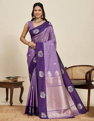violet art silk woven kanjivaram silk saree with blouses 1