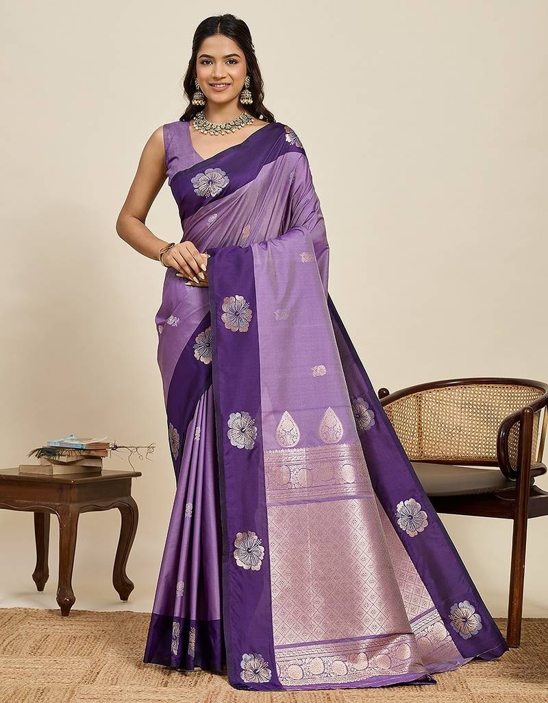 violet art silk woven kanjivaram silk saree with blouses