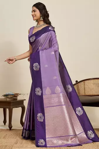 violet art silk woven kanjivaram silk saree with blouses