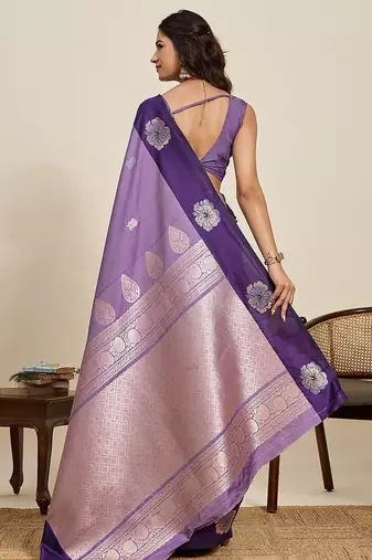 violet art silk woven kanjivaram silk saree with blouses