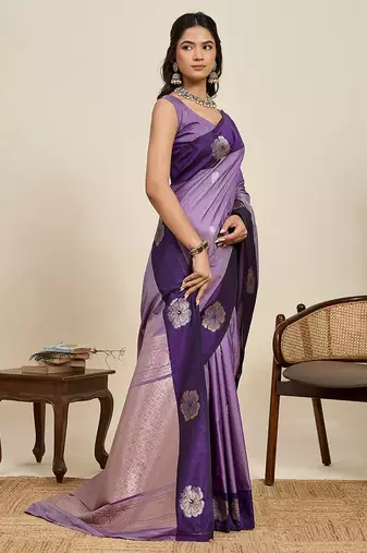 violet art silk woven kanjivaram silk saree with blouses