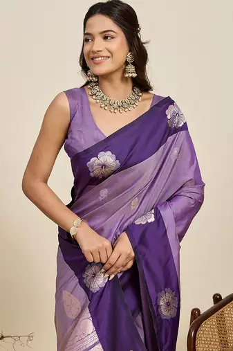 violet art silk woven kanjivaram silk saree with blouses