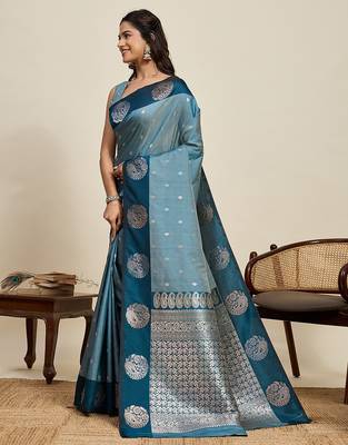 blue art silk woven kanjivaram silk saree with blouses 2