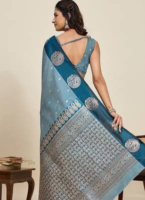 blue art silk woven kanjivaram silk saree with blouses 3