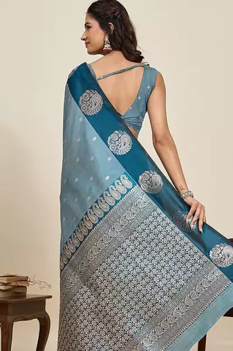 blue art silk woven kanjivaram silk saree with blouses