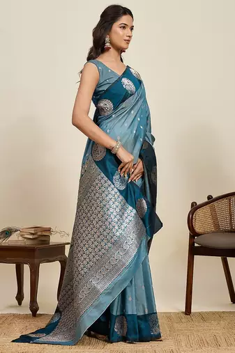 blue art silk woven kanjivaram silk saree with blouses