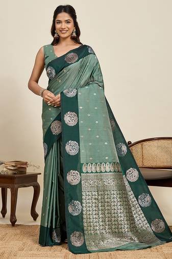 green art silk woven kanjivaram silk saree with blouses