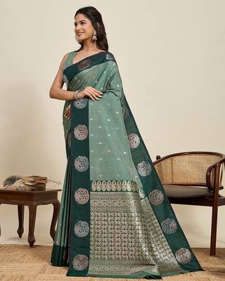 green art silk woven kanjivaram silk saree with blouses 2