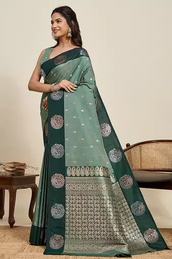 green art silk woven kanjivaram silk saree with blouses