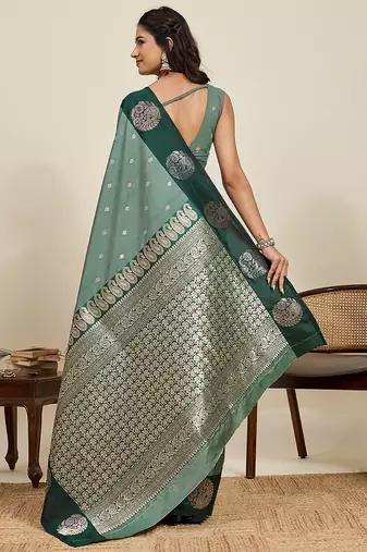 green art silk woven kanjivaram silk saree with blouses