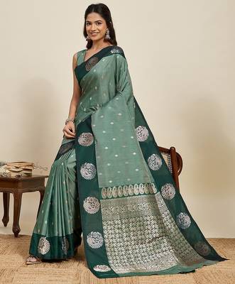 green art silk woven kanjivaram silk saree with blouses 4