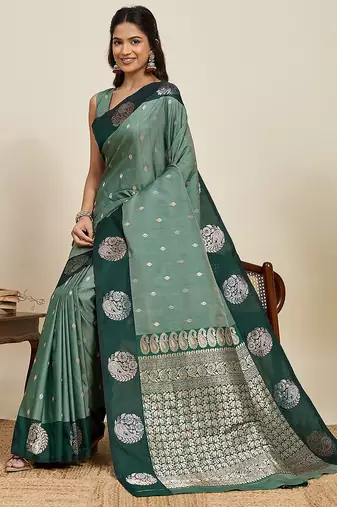 green art silk woven kanjivaram silk saree with blouses