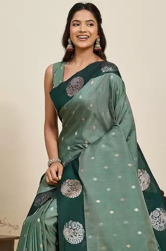 green art silk woven kanjivaram silk saree with blouses