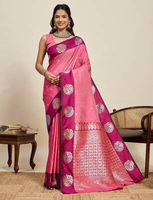 pink art silk woven kanjivaram silk saree with blouses 1
