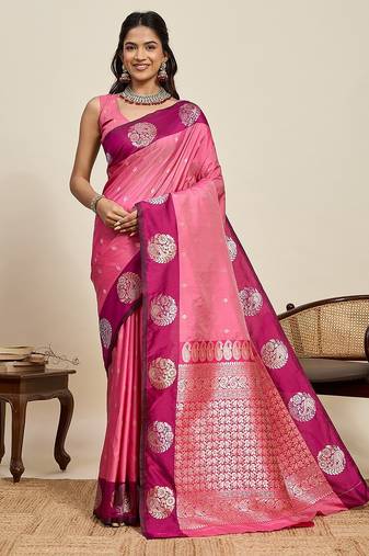 pink art silk woven kanjivaram silk saree with blouses