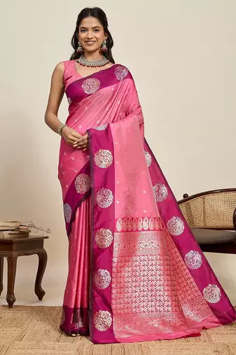 pink art silk woven kanjivaram silk saree with blouses