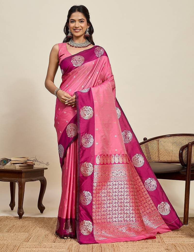 pink art silk woven kanjivaram silk saree with blouses