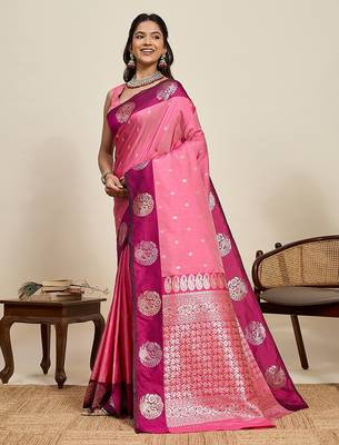 pink art silk woven kanjivaram silk saree with blouses 2