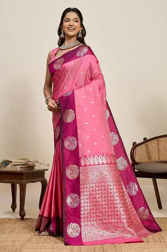 pink art silk woven kanjivaram silk saree with blouses