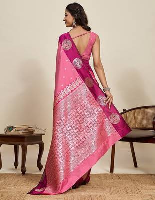 pink art silk woven kanjivaram silk saree with blouses 3
