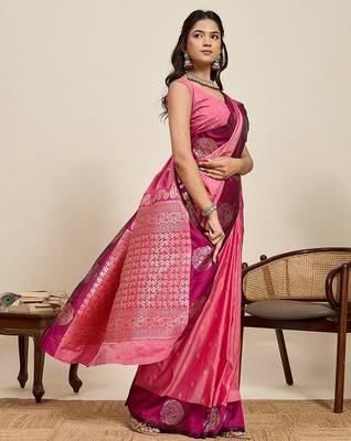 pink art silk woven kanjivaram silk saree with blouses 4