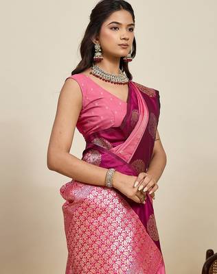 pink art silk woven kanjivaram silk saree with blouses 5