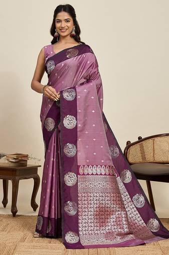 purple art silk woven kanjivaram silk saree with blouses
