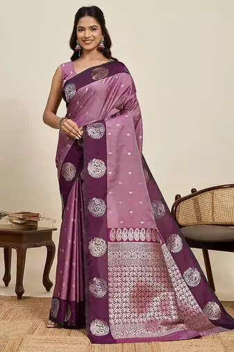 purple art silk woven kanjivaram silk saree with blouses