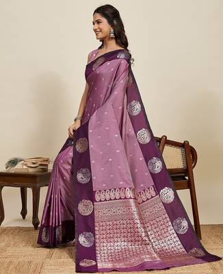 purple art silk woven kanjivaram silk saree with blouses 4