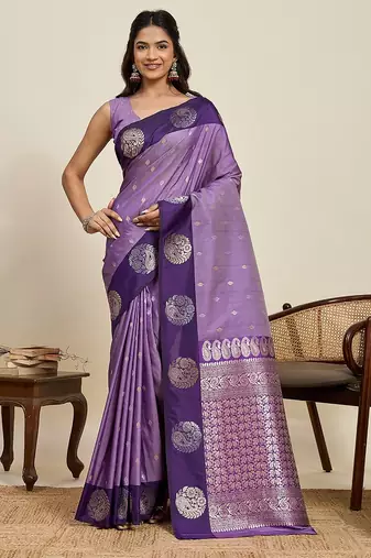 violet art silk woven kanjivaram silk saree with blouses
