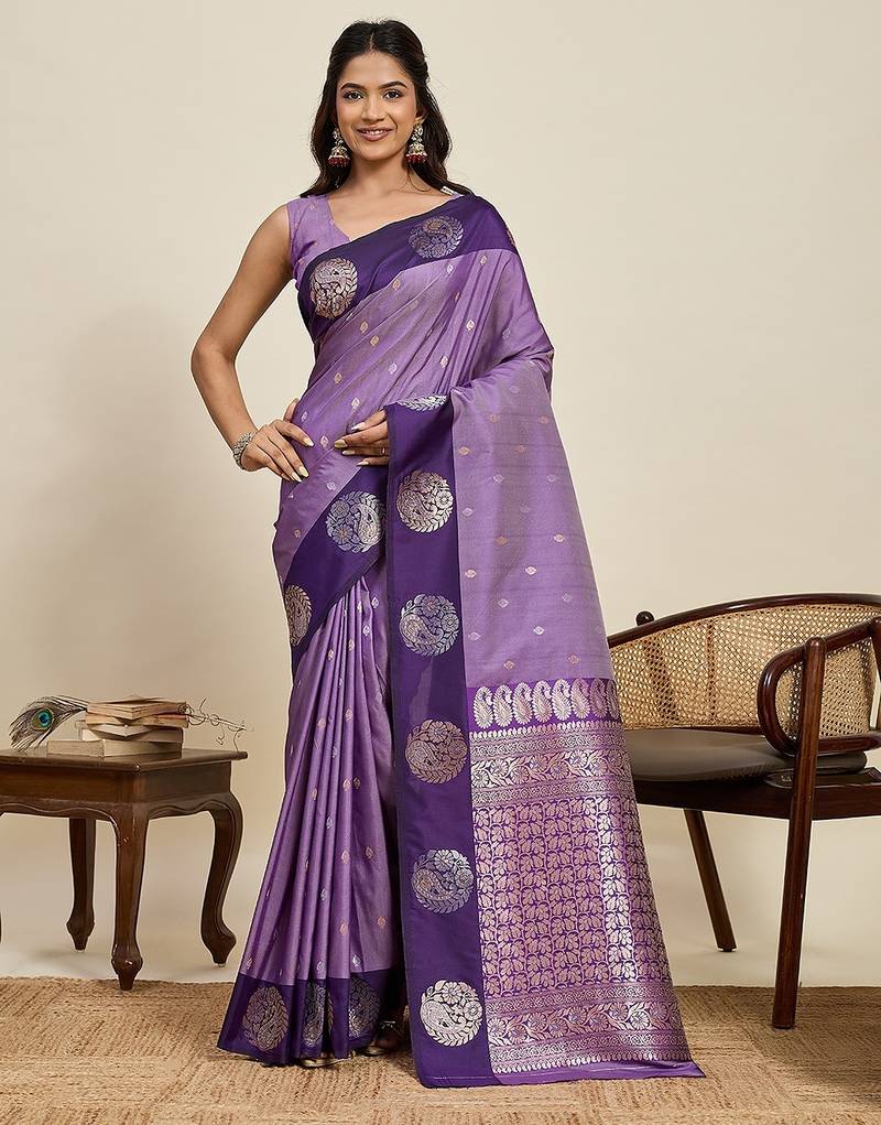 violet art silk woven kanjivaram silk saree with blouses