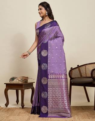 violet art silk woven kanjivaram silk saree with blouses 2
