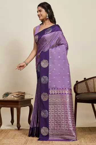 violet art silk woven kanjivaram silk saree with blouses