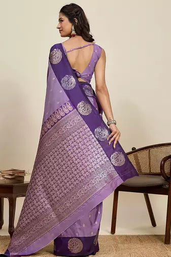 violet art silk woven kanjivaram silk saree with blouses