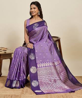 violet art silk woven kanjivaram silk saree with blouses 4