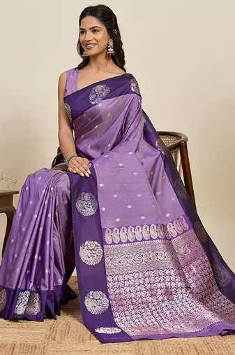 violet art silk woven kanjivaram silk saree with blouses